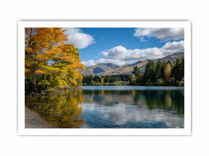 Autumn mountain lake landscape photography canvas for peaceful living room decor.