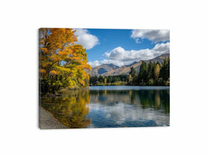 Autumn mountain lake landscape photography canvas for peaceful living room decor.