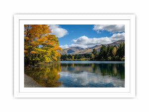 Autumn mountain lake landscape photography canvas for peaceful living room decor.