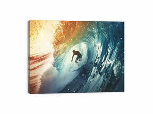 Dramatic surfer inside blue ocean wave canvas for modern coastal living room decor.