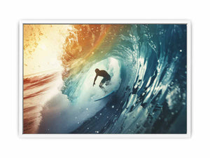 Dramatic surfer inside blue ocean wave canvas for modern coastal living room decor.