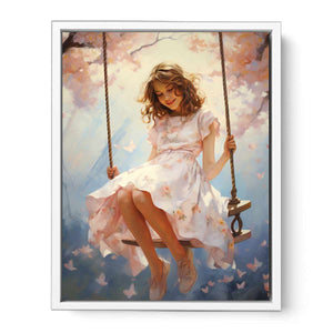 Girl on swing canvas illustration with blossoms for dreamy nursery decor.