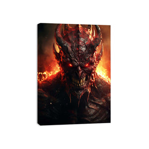 Fiery demon portrait wall art with glowing red eyes for dark decor.