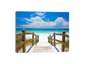 Beach path canvas art with turquoise ocean for coastal living room decor.