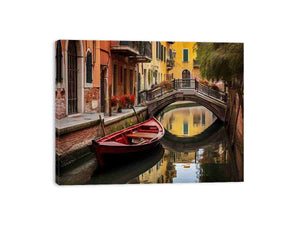 Venice canal wall art with red boat and bridge for elegant living room decor.