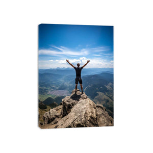 Motivational mountain poster with hiker on cliff for inspiring office, bedroom, or hallway decor.