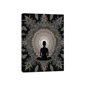 Black and white meditation mandala poster for peaceful bedroom, yoga room, or mindfulness decor.