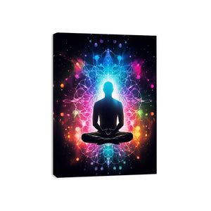 Colorful meditation canvas art with glowing aura and mandala energy for yoga room or bedroom decor.