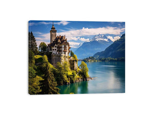 Swiss castle lake landscape canvas print for elegant office or living room decor.