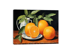 Orange still life canvas art with fruit and leaves for elegant kitchen decor.