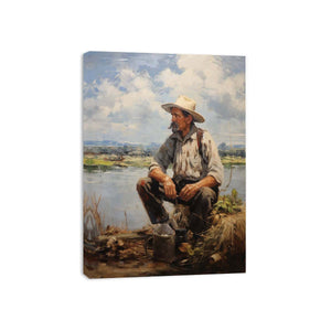 Rustic fisherman canvas painting for calm farmhouse office or living room decor.