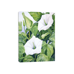 White trumpet flower botanical canvas artwork for calm green bedroom decor.