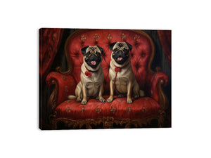 Two happy pugs on a red vintage sofa canvas art for playful living room decor.
