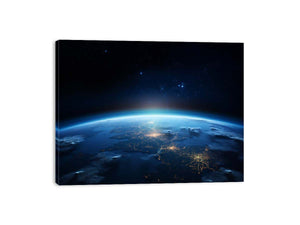 Earth night canvas print with city lights and stars for office wall decor.