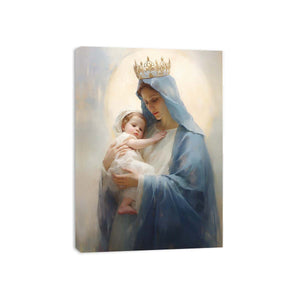 Virgin Mary canvas art holding child in soft blue tones for peaceful bedroom decor.