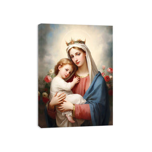 Madonna and child canvas art with soft roses and blue robe for bedroom decor.