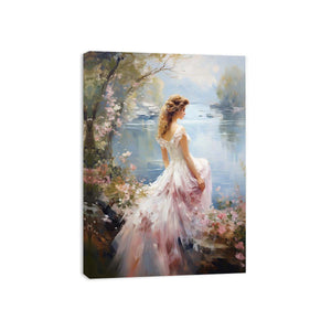 Dream girl canvas art in flowing dress by lake for romantic bedroom decor.