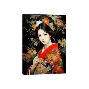 Japanese floral woman portrait canvas art for bedroom decor.