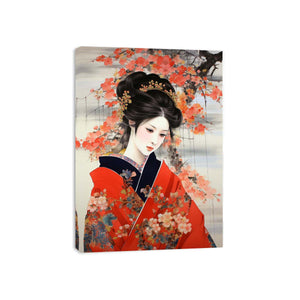 Japanese woman in red kimono canvas art for bedroom decor.