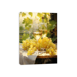 White wine and grape still life canvas art for dining room decor.