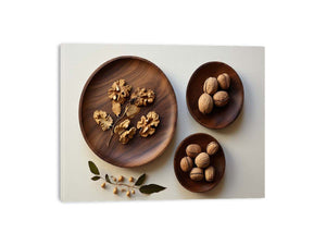 Overhead walnut and wooden bowl still life canvas art for warm kitchen decor.