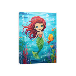Cute mermaid canvas art with fish and bubbles for kids room or nursery decor.
