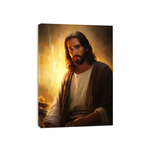 Realistic Jesus portrait canvas art with golden light for peaceful living room decor.