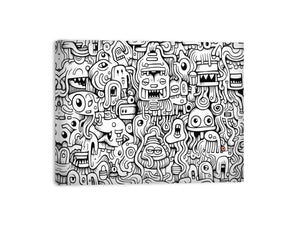 Black and white monster doodle canvas art for kids room, office, or creative studio decor.