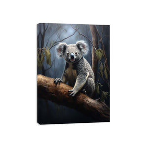 Realistic koala canvas art on eucalyptus branch for nursery or living room decor.