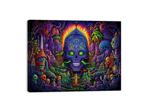 Psychedelic neon skull canvas art with surreal jungle details for bold modern decor.