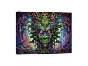 Surreal green fantasy mask canvas art for eclectic living room decor.