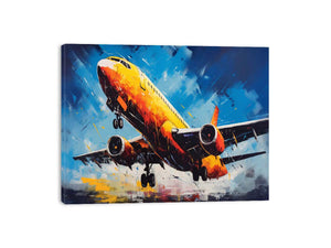 Bold yellow airplane canvas art for modern office or aviation room decor.