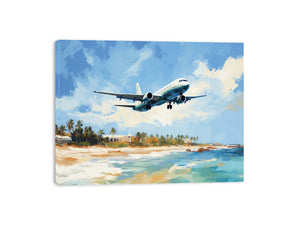 Passenger airplane over tropical beach canvas art for coastal home decor.