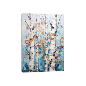 Textured birch tree canvas art with colorful leaves for modern room decor.