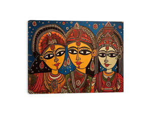 Three folk art queens with ornate jewelry in colorful Madhubani style canvas decor.