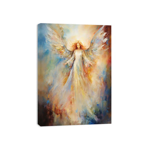Ethereal angel canvas art with glowing wings for peaceful bedroom decor.