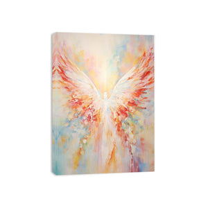 Soft pastel abstract angel wings canvas art for peaceful bedroom decor.