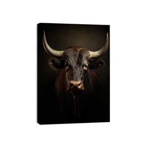 Moody bull portrait canvas art with horns for rustic living room or office decor.