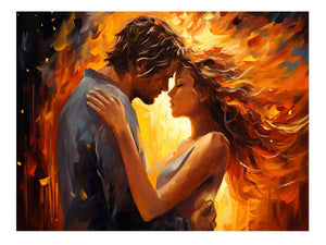 Warm romantic couple canvas art with expressive orange tones for bedroom decor.