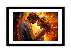 Warm romantic couple canvas art with expressive orange tones for bedroom decor.