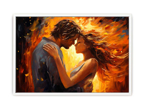 Warm romantic couple canvas art with expressive orange tones for bedroom decor.