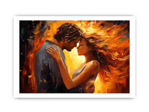 Warm romantic couple canvas art with expressive orange tones for bedroom decor.