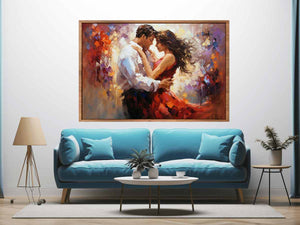 Romantic dancing couple canvas art with red dress for elegant bedroom decor.