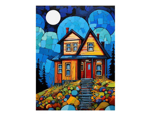 Colorful moonlit cottage canvas art for cozy hallway, nursery, or living room decor.