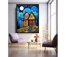 Colorful moonlit cottage canvas art for cozy hallway, nursery, or living room decor.