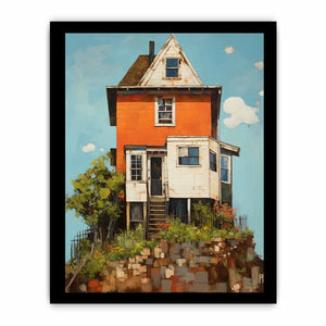 Vintage orange house canvas art with garden and porch for cozy farmhouse decor.