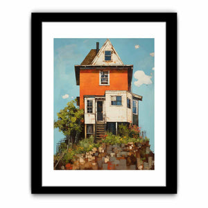 Vintage orange house canvas art with garden and porch for cozy farmhouse decor.