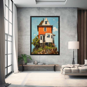 Vintage orange house canvas art with garden and porch for cozy farmhouse decor.