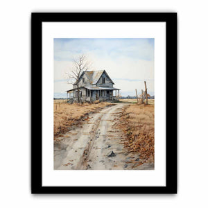 Rustic country house landscape canvas art with road and fields for farmhouse decor.