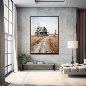 Rustic country house landscape canvas art with road and fields for farmhouse decor.